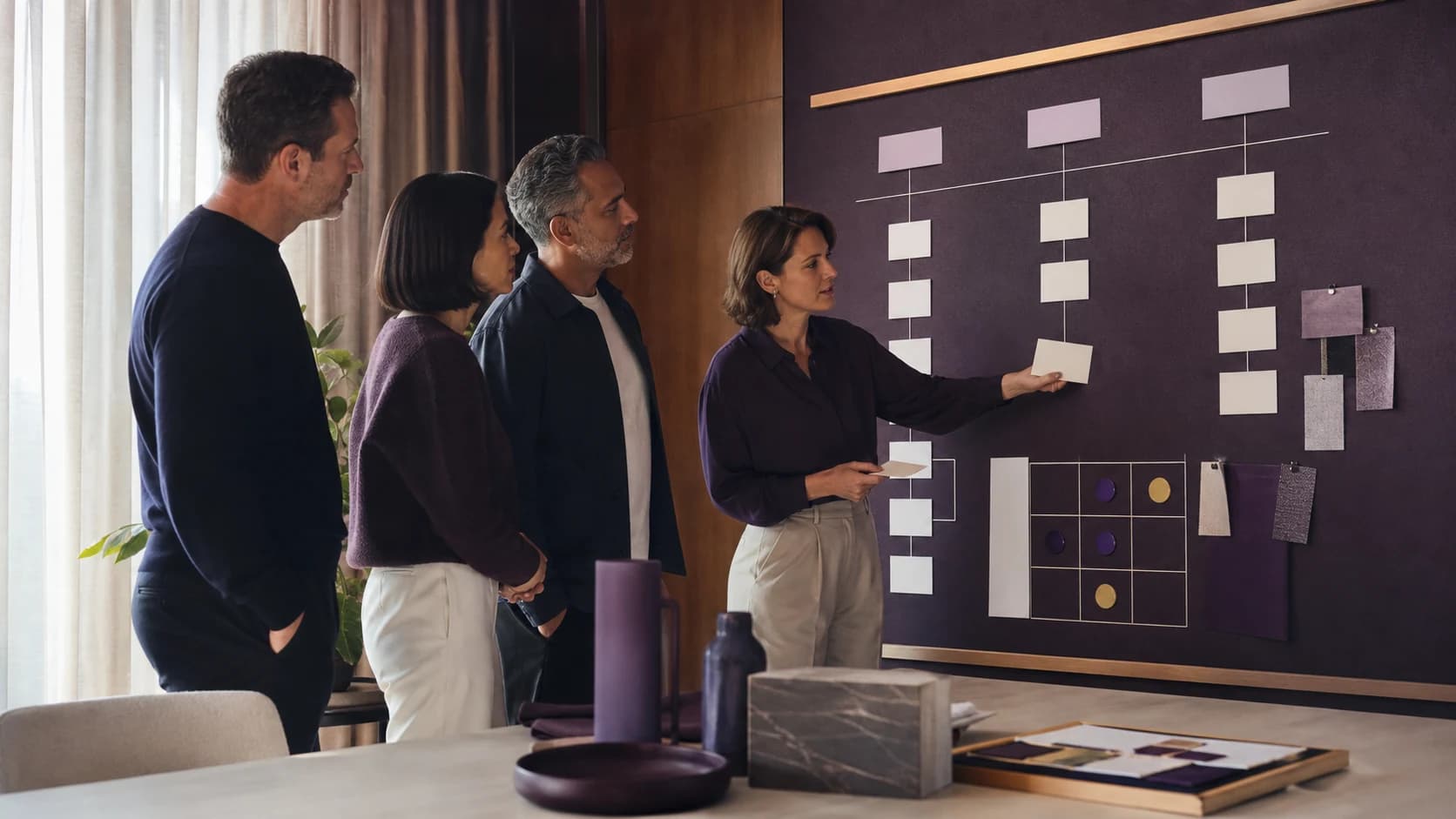 Business leaders using a brand strategy decision board to align on a clear direction