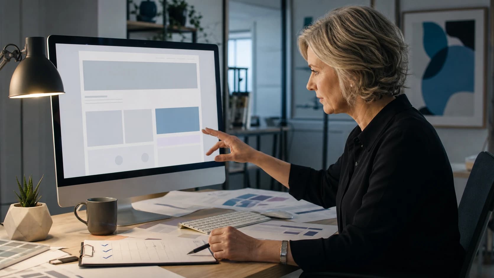 A web designer reviewing a homepage layout and practical checklist at her desk