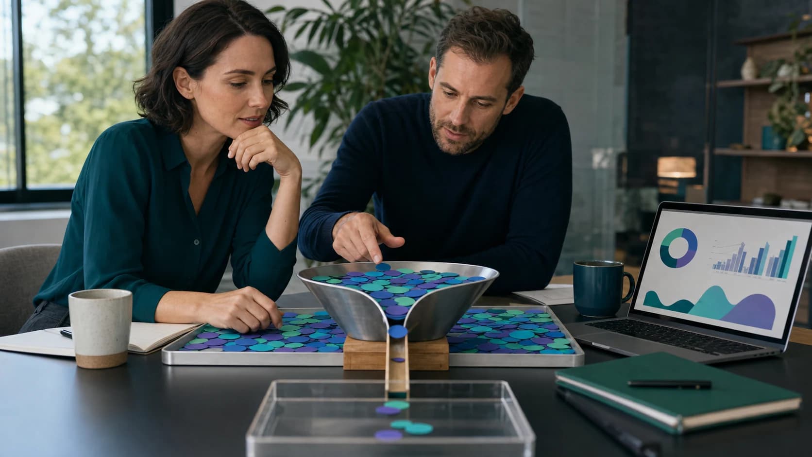 Two growth specialists examining a physical funnel that represents a website conversion bottleneck