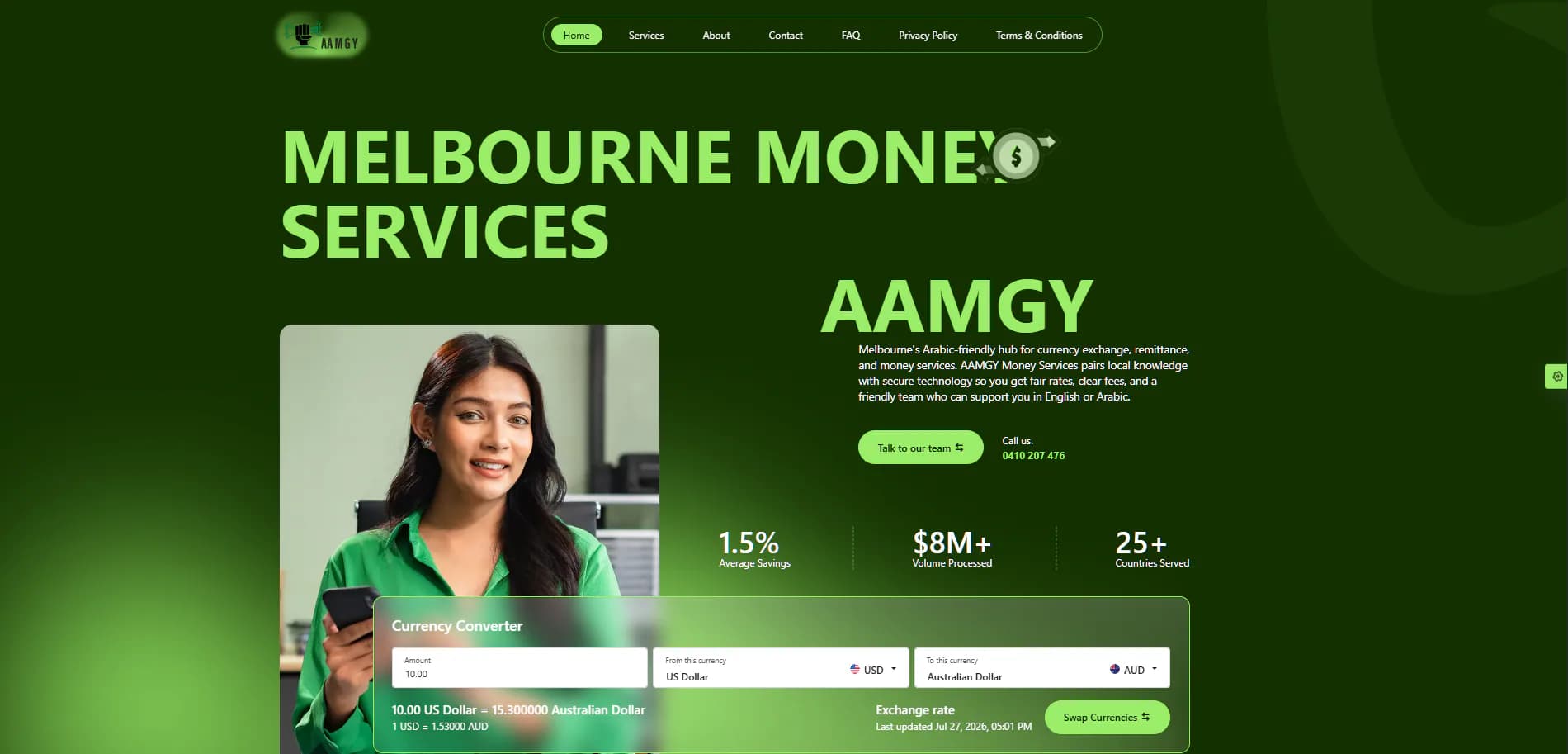 A responsive financial services website with an interactive currency conversion tool