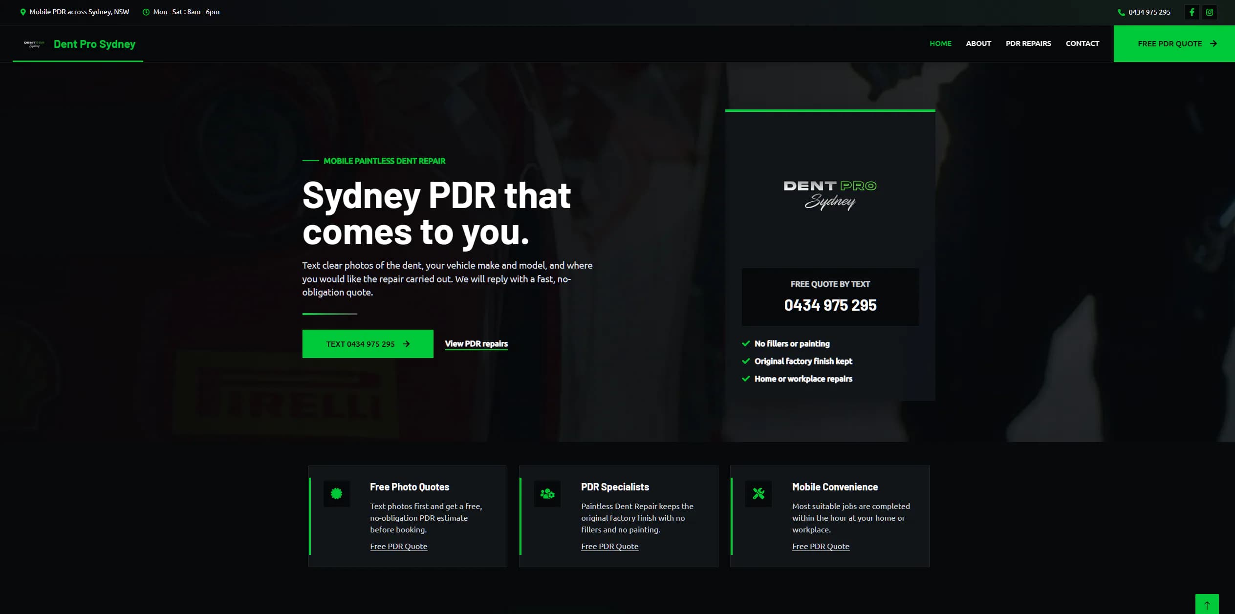 Dent Pro Sydney homepage showing quote-first mobile PDR service messaging