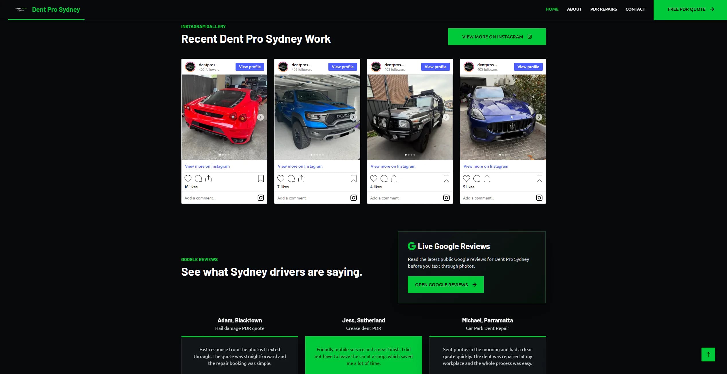 Dent Pro Sydney website showing recent work, Instagram gallery and reviews
