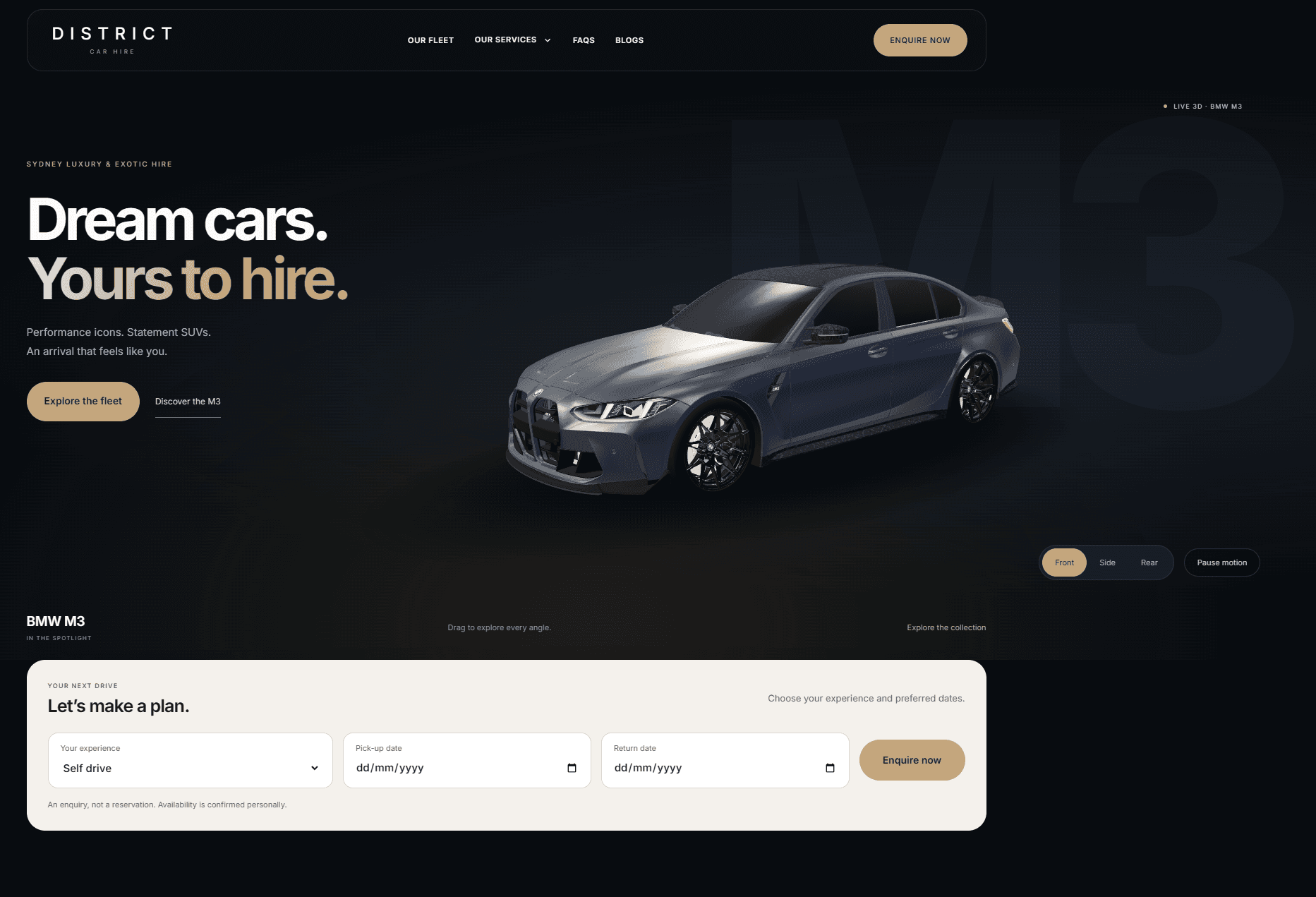District Car Hire website with the BMW M3 showcase, vehicle view controls and preferred-date enquiry form