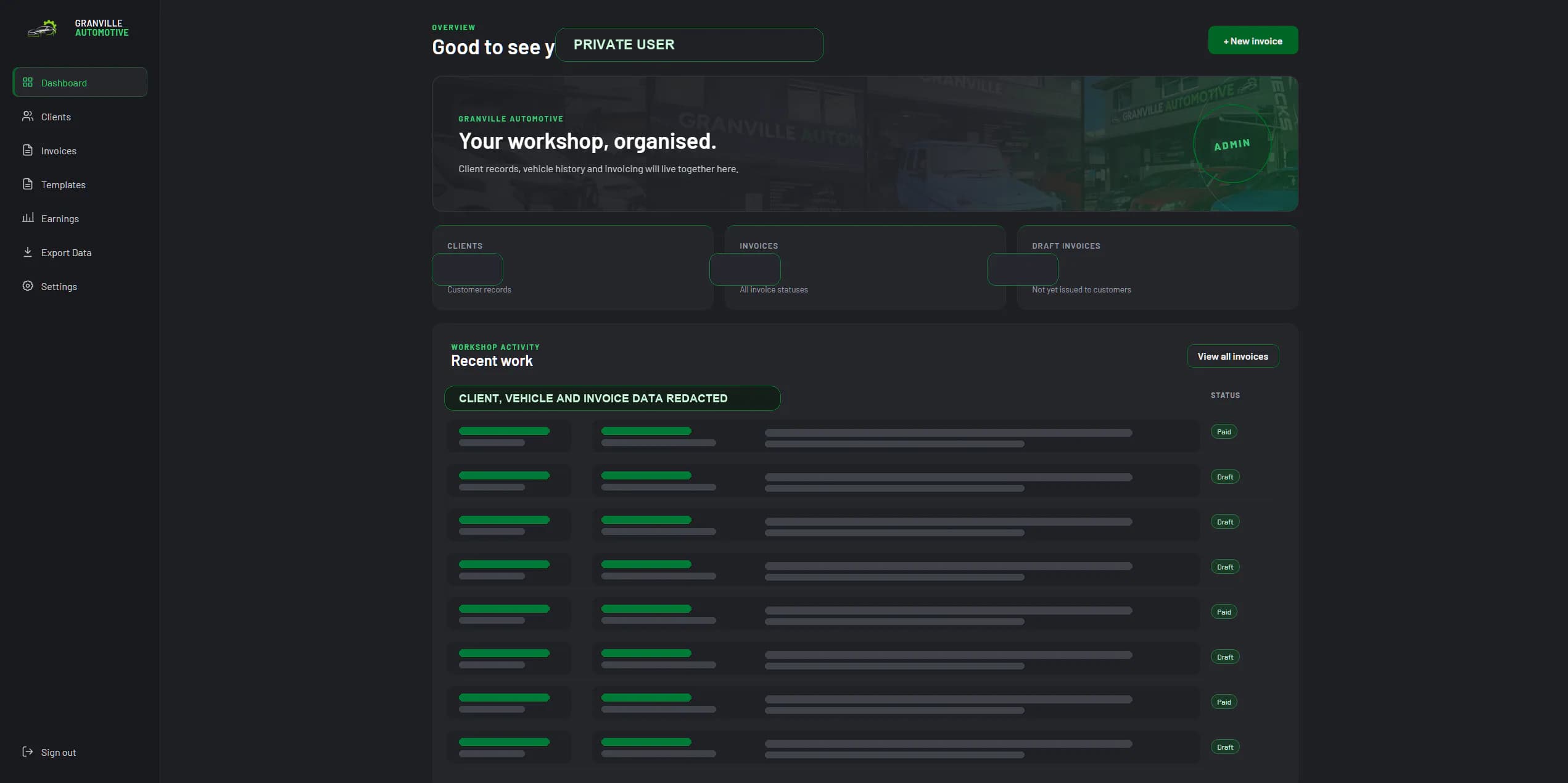 A secure custom business dashboard showing operational records and reporting tools