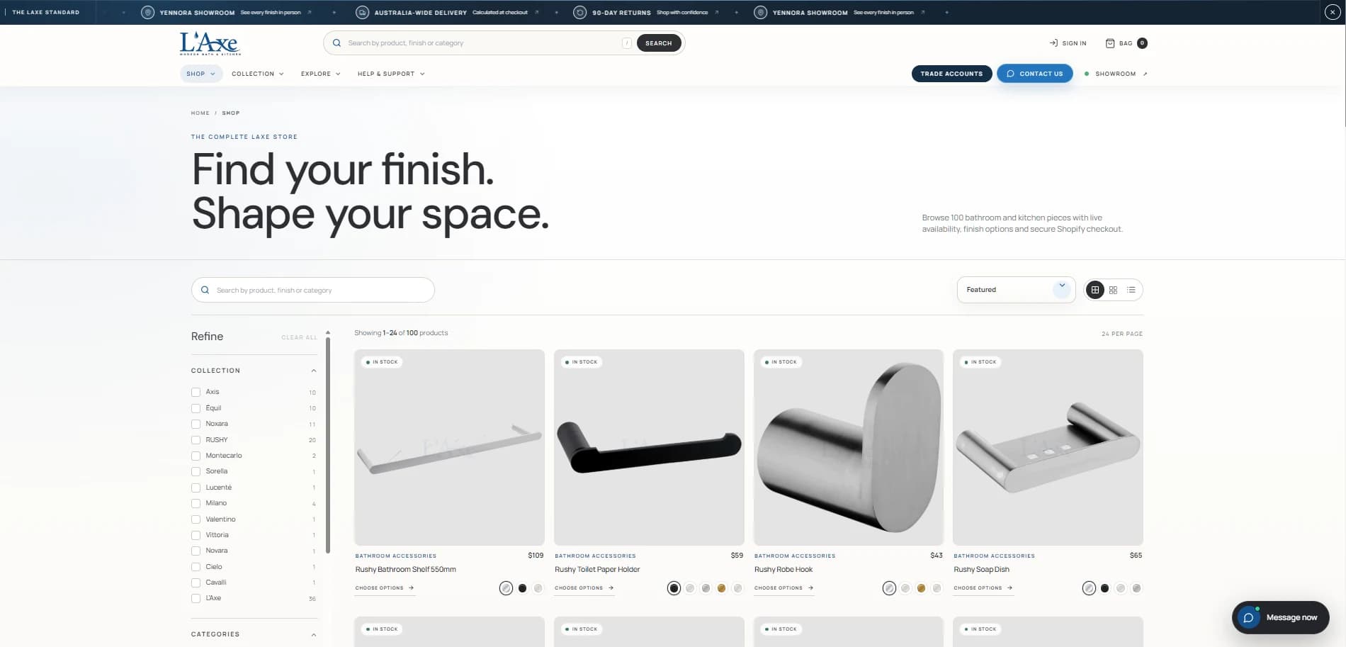 L'Axe product catalogue showing search, collection filters, live stock, finish swatches and sorting