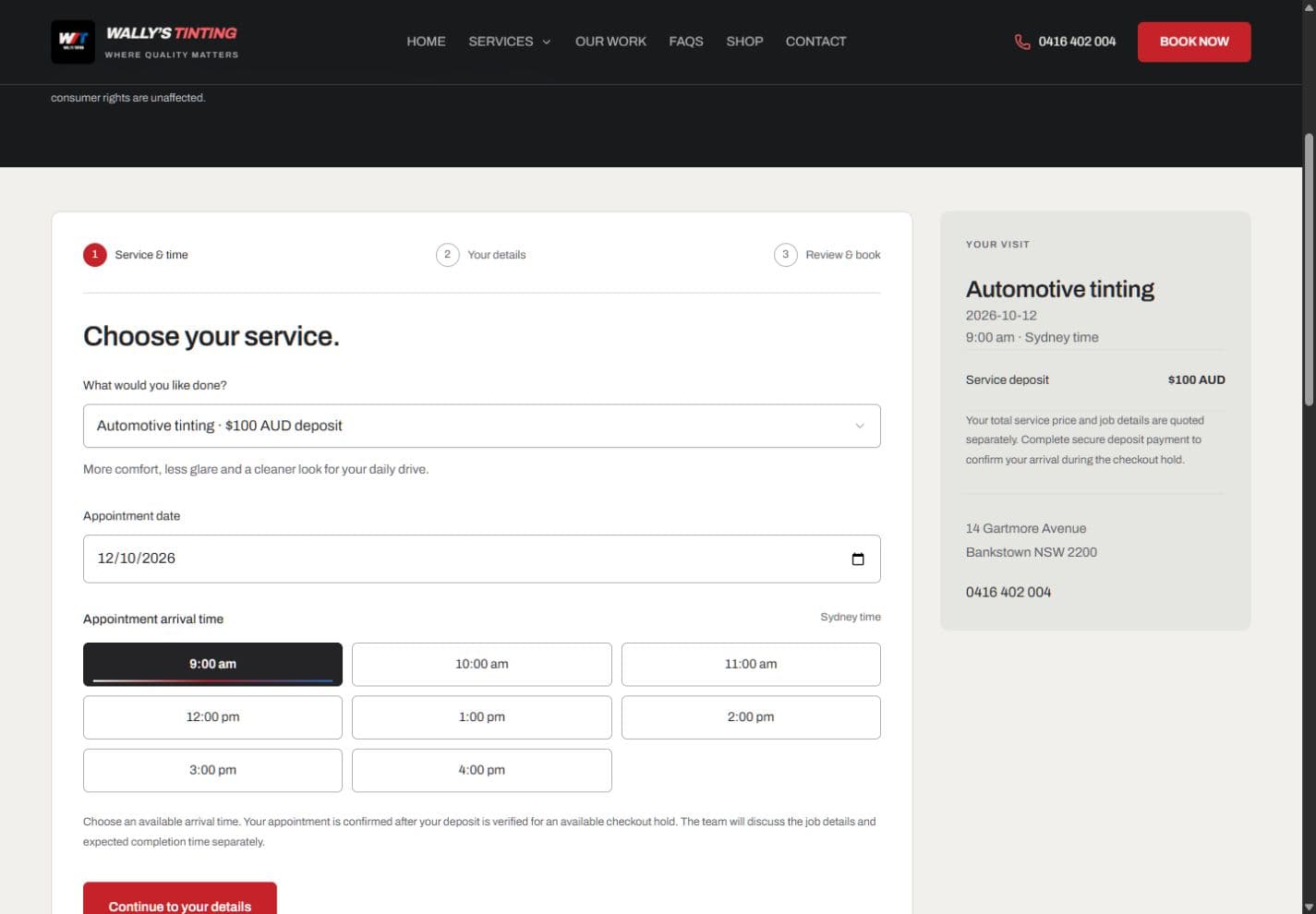 Wally’s Tinting booking interface showing service selection, appointment date, arrival times and a visit summary