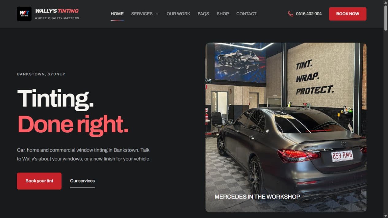 Wally's Tinting website designed by Lavendr Collective for the Bankstown workshop