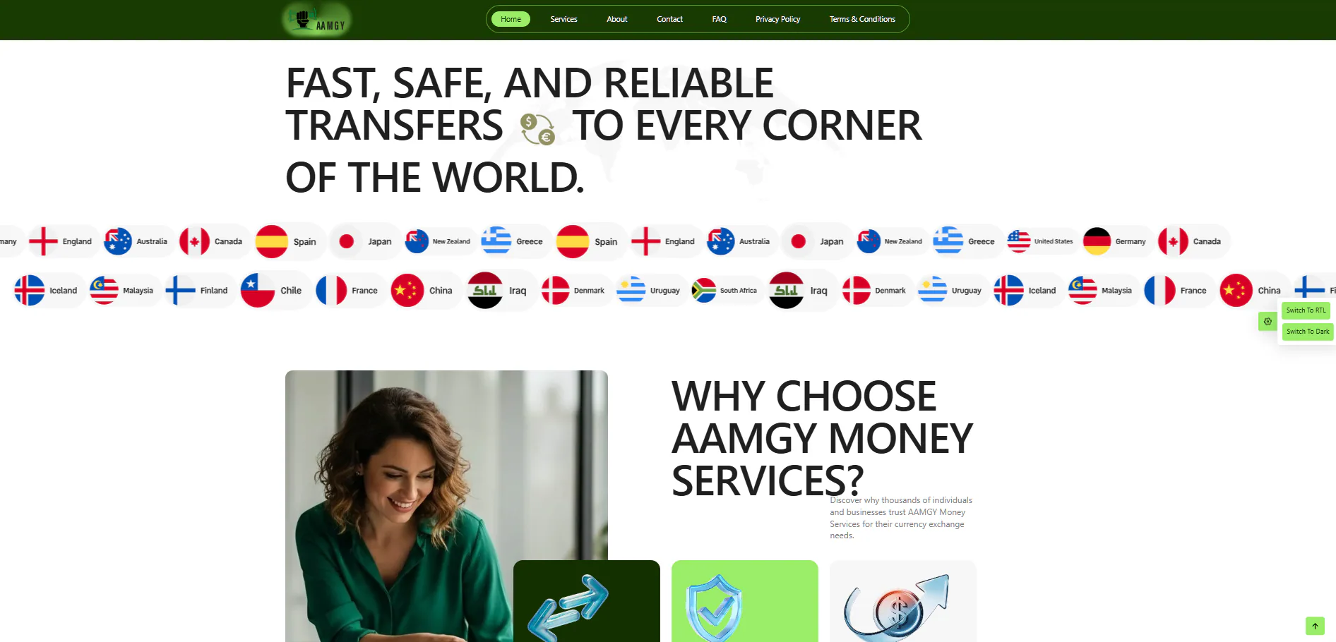 AAMGY Money Services website showing its international transfer network and customer trust content