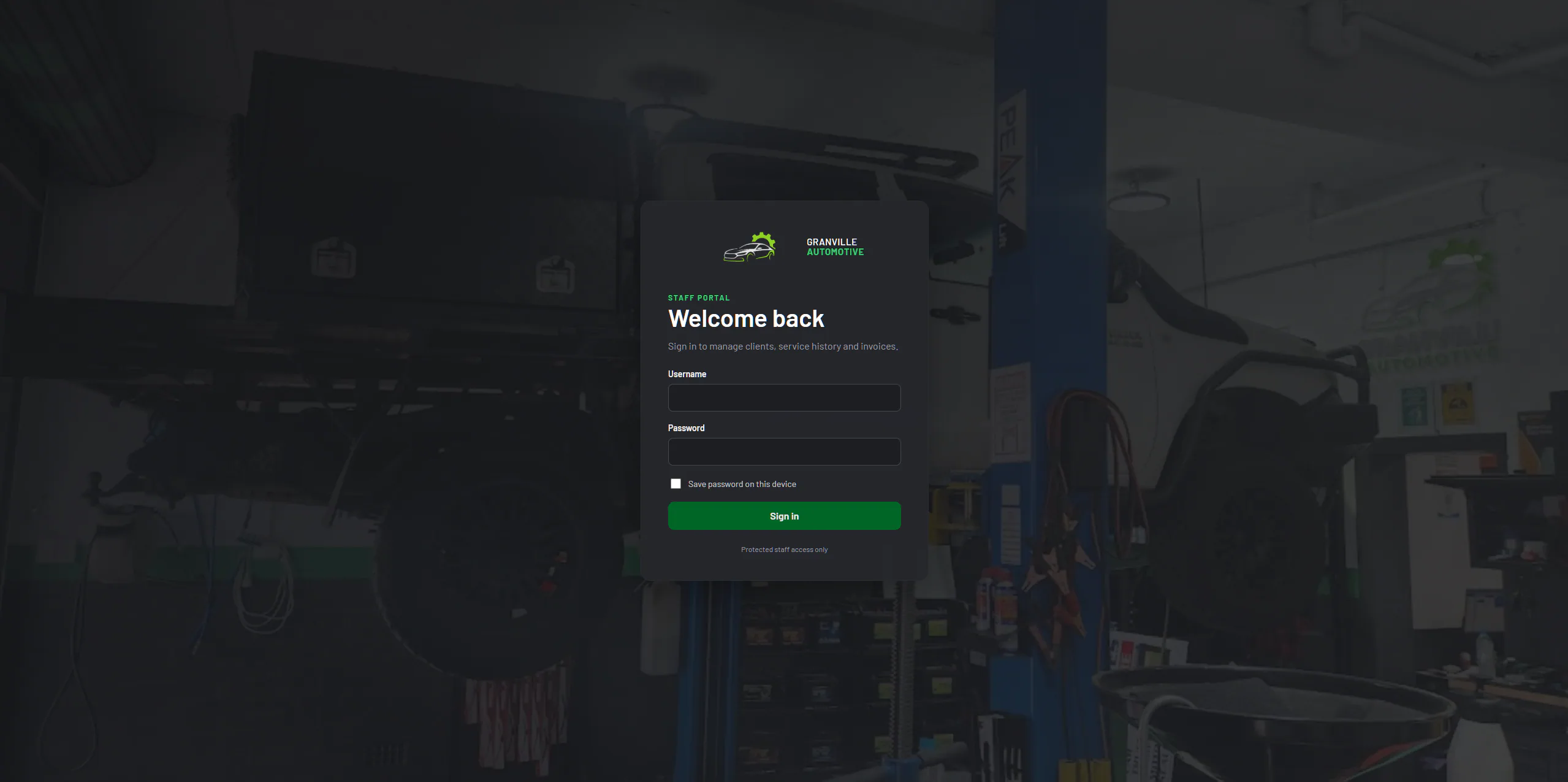Granville Automotive staff portal login with protected access details redacted