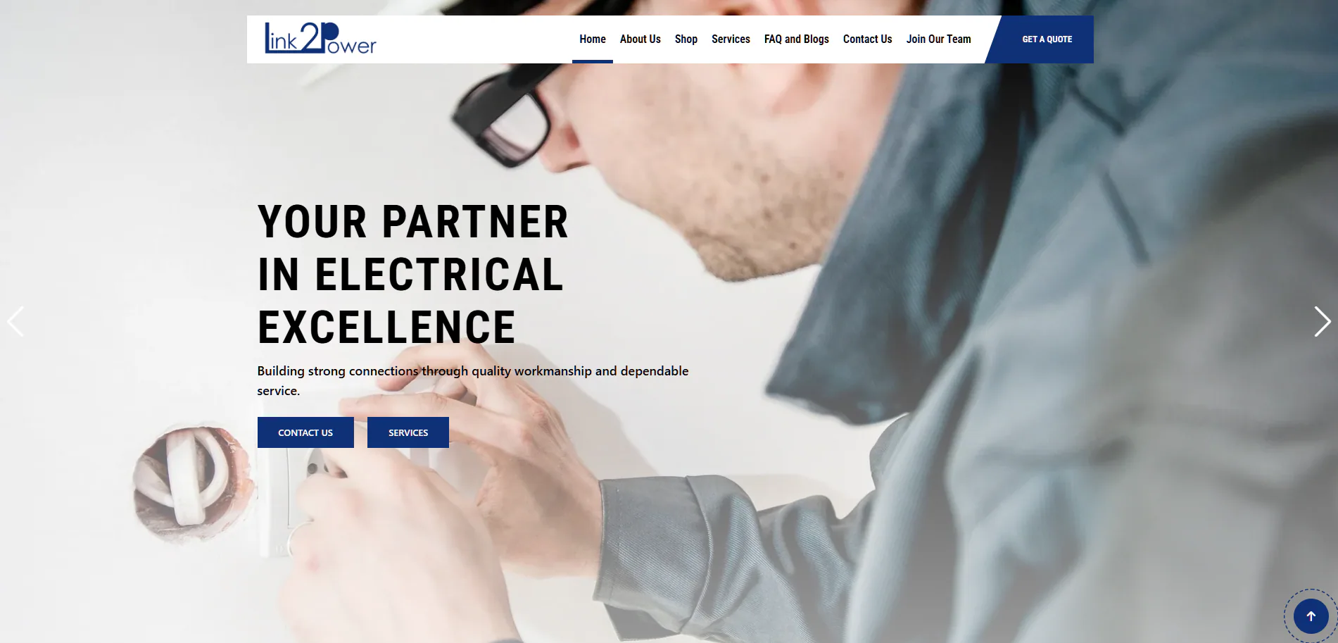 Link 2 Power homepage showing its electrical services positioning and prominent quote journey