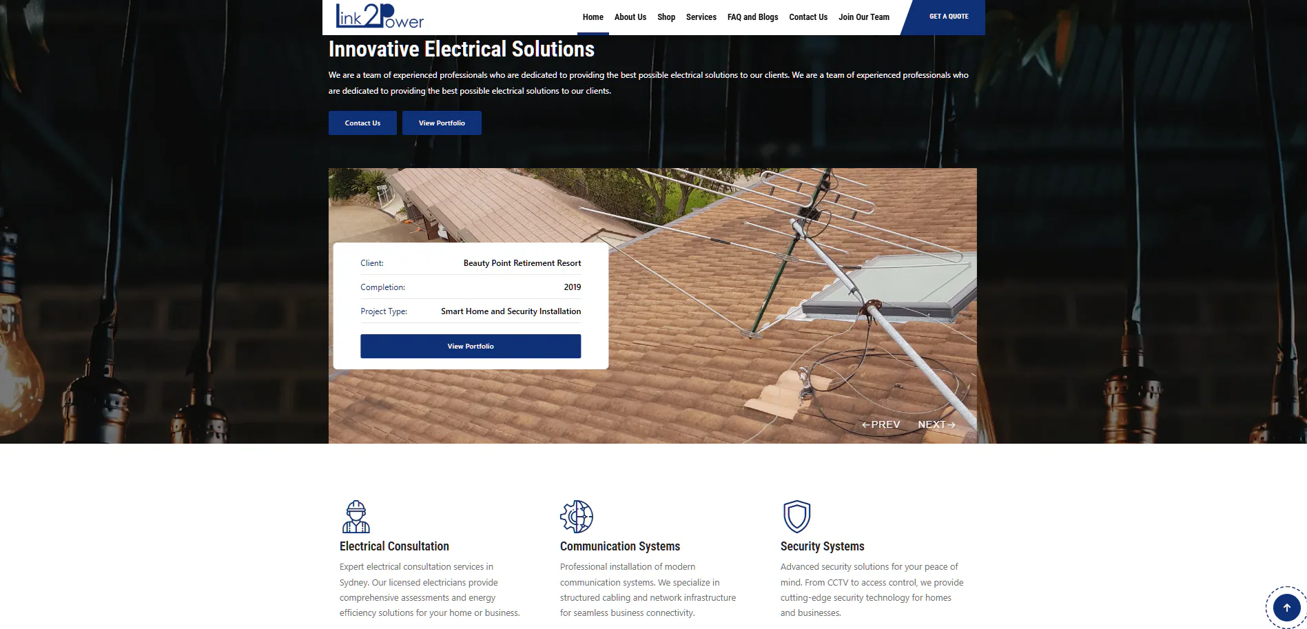 Link 2 Power website showing electrical services, project portfolio details and customer proof