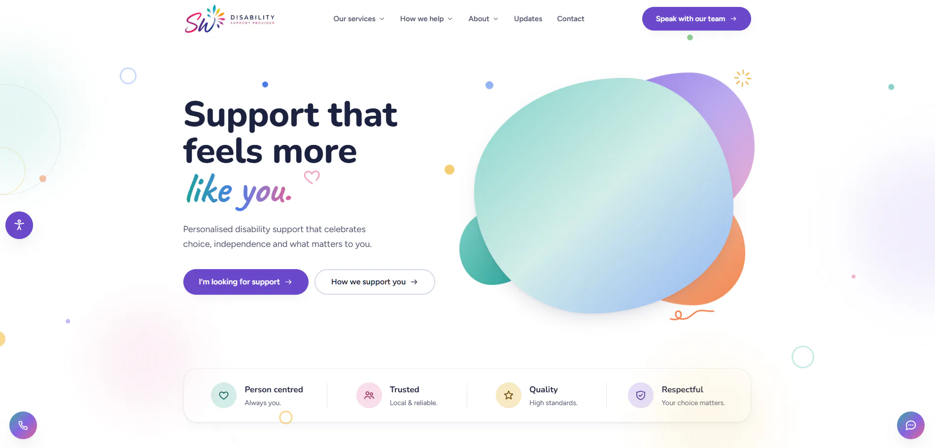 SW Support homepage showing the personalised disability support message and service pathways