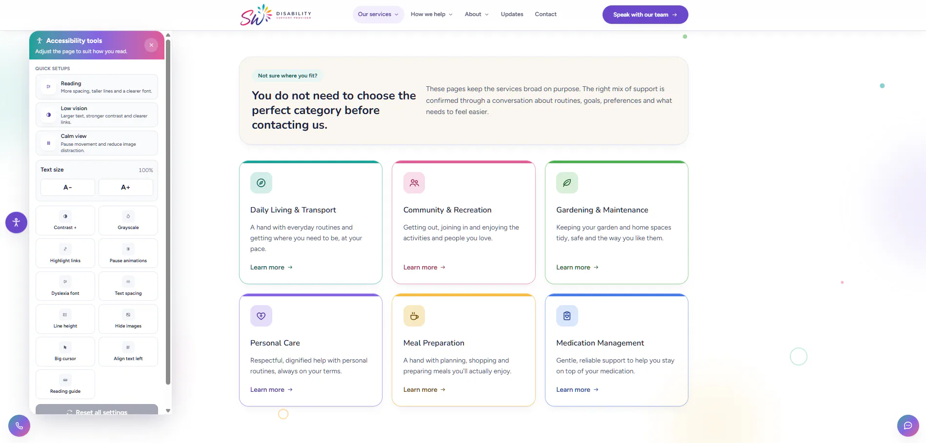 SW Support services page showing accessible service cards and accessibility tools